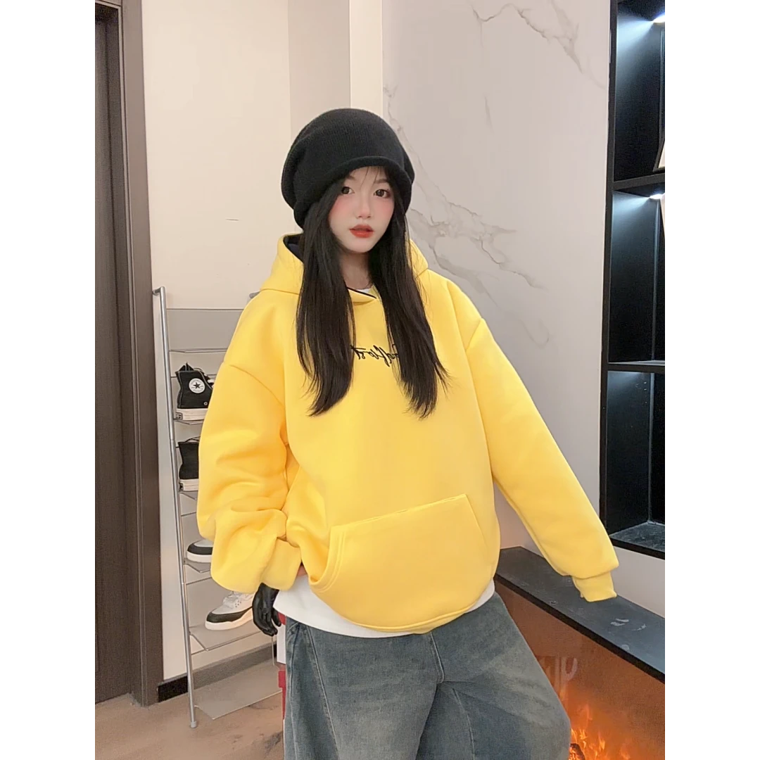 HandSeven韩式简约风纯色字母图案连帽卫衣秋季百搭拼接上衣男女