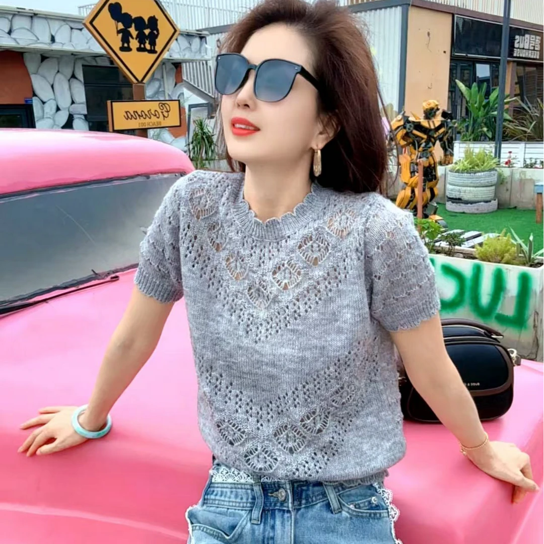【齐姐专属】新款时尚春季气质重工短袖针织衫 LK2501895