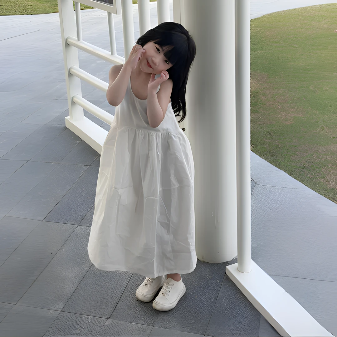 2025春季新款童装女童清新文艺无袖连衣裙儿童背心裙白月光度假裙