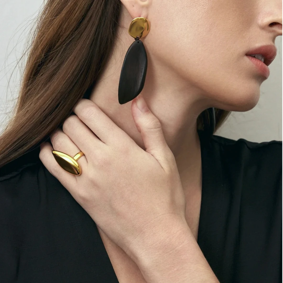 黄铜耳饰 复古优雅紫檀木耳钉简约高级感不规则几何气质耳坠耳饰