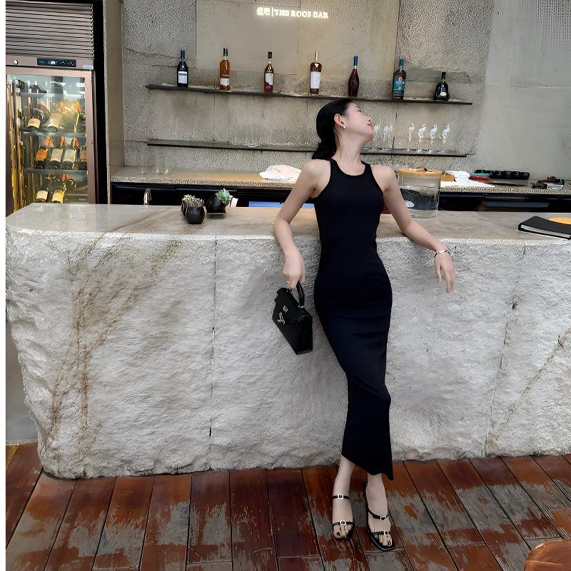 工字背心连衣裙性感挖肩显瘦气质紧身包臀裙无袖黑色夏季优雅长裙