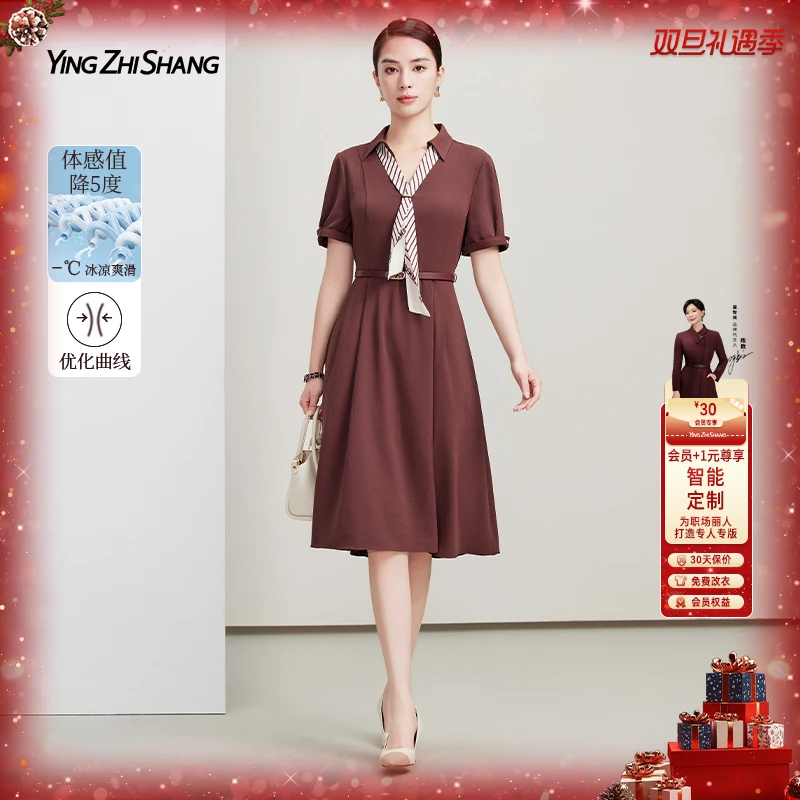 赢智尚气质丝巾棕红色职场连衣裙新款显瘦优雅夏季裙子ZF03429