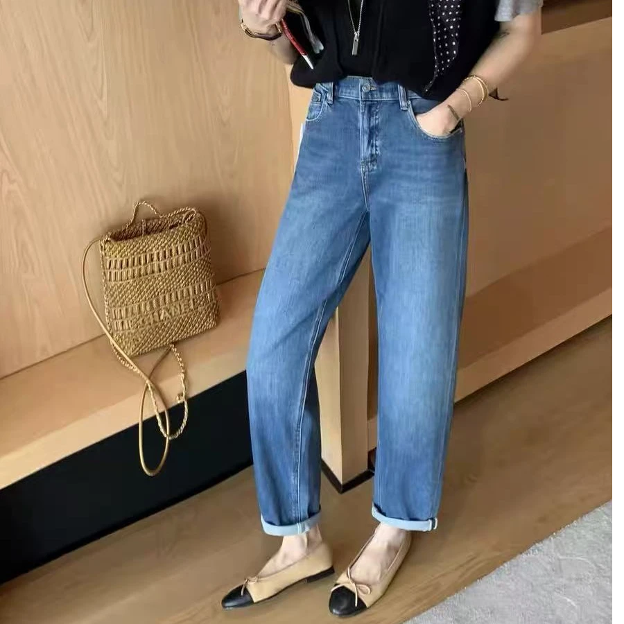 宾尼四面弹牛仔裤女春款显瘦高腰窄版九公直筒裤裤50317