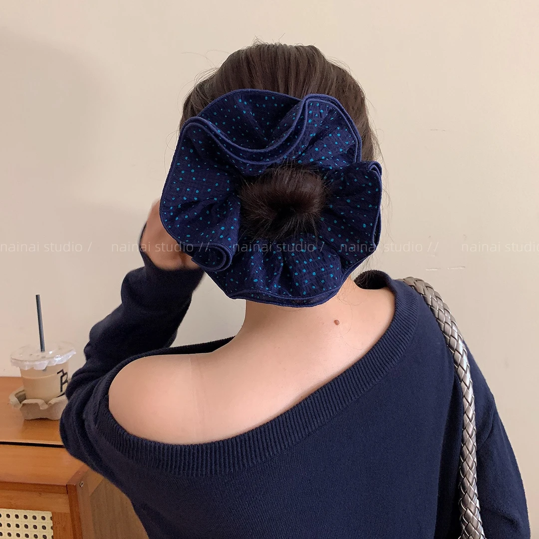 藏青色波点大肠发圈韩系慵懒风头花丸子头发绳扎头发头绳发饰女