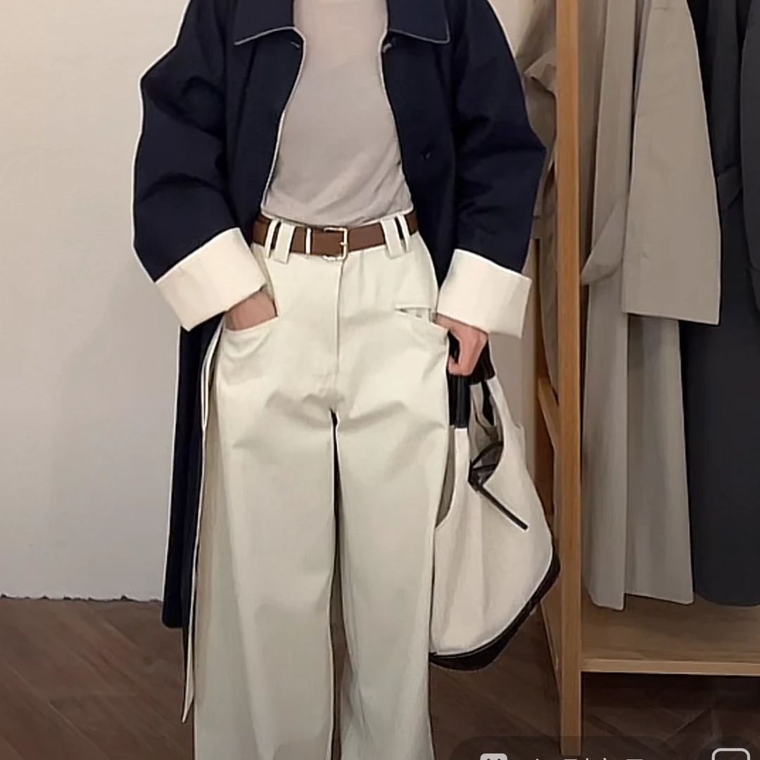 【泡菜】-春季时尚休闲百搭设计师简约休闲宽松韩版气设计感质裤子