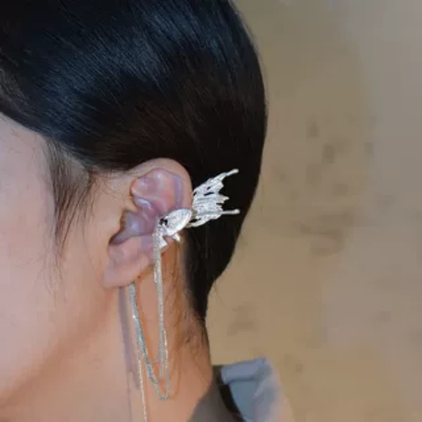 东黑三白 925银耳饰 双翼鲽骨s93银原创设计小众仙女蝴蝶流苏耳夹