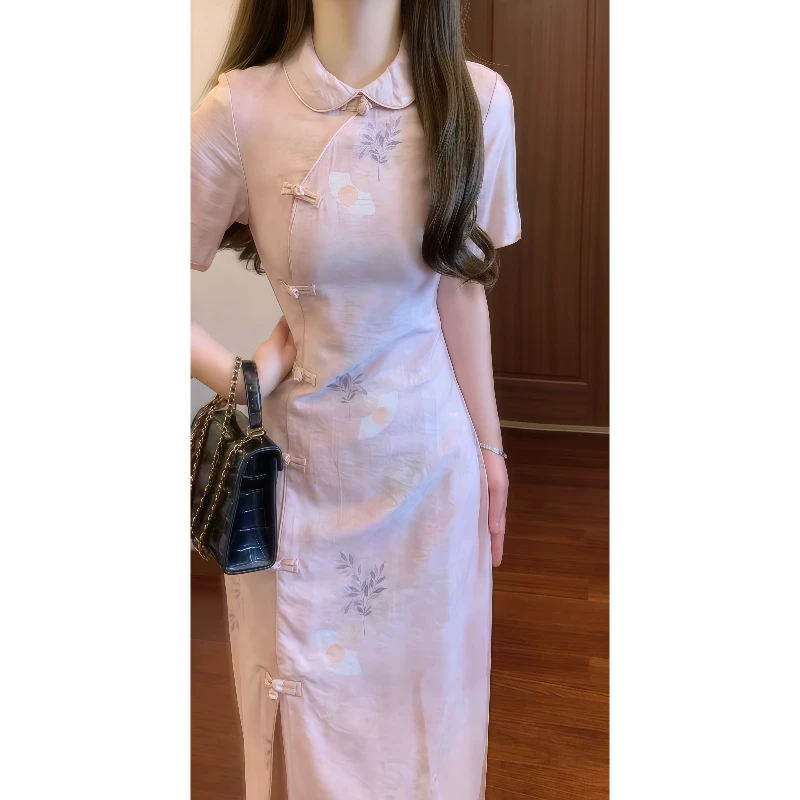 新中式国风气质粉色改良旗袍连衣裙娃娃领少女收腰长裙9468