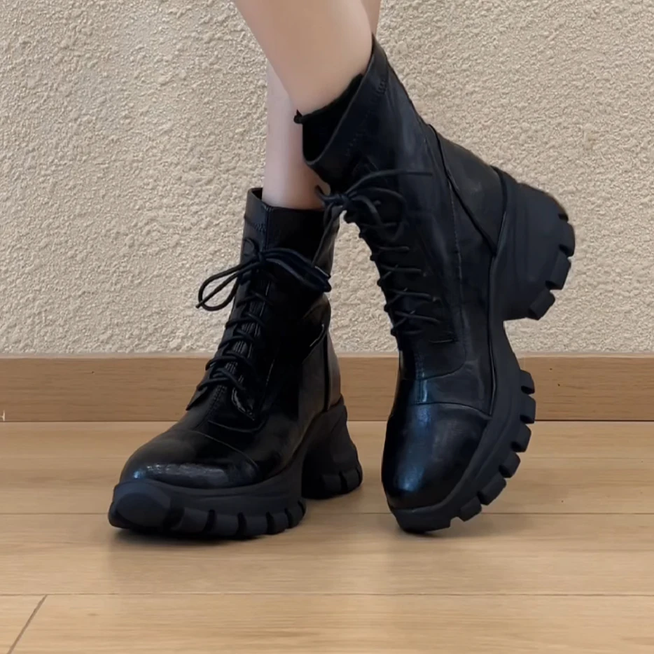 RubyL/6cm通勤复古风百搭系带后拉链圆头松糕厚底短筒弹力靴女款