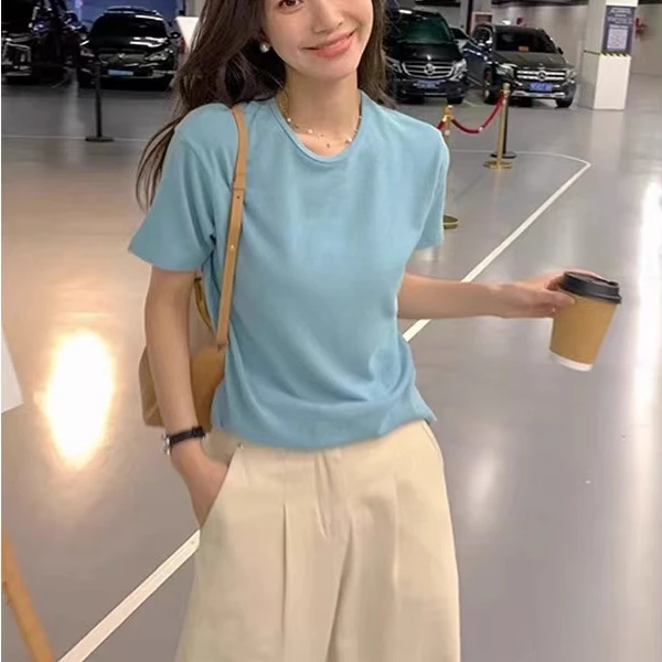 T恤圆领短袖常规袖气质夏季ins背心打底衫设计感简约宽松显瘦7448