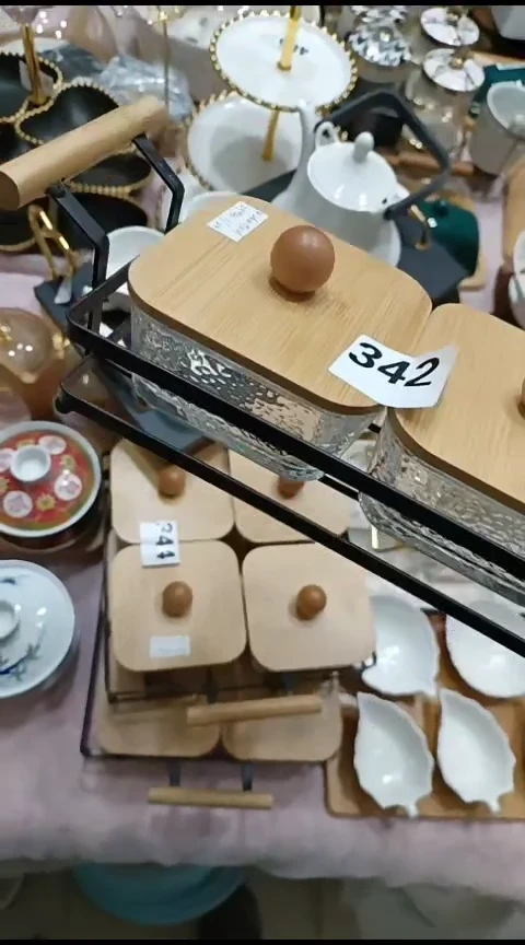 瓷342木盖玻璃方碗二件套