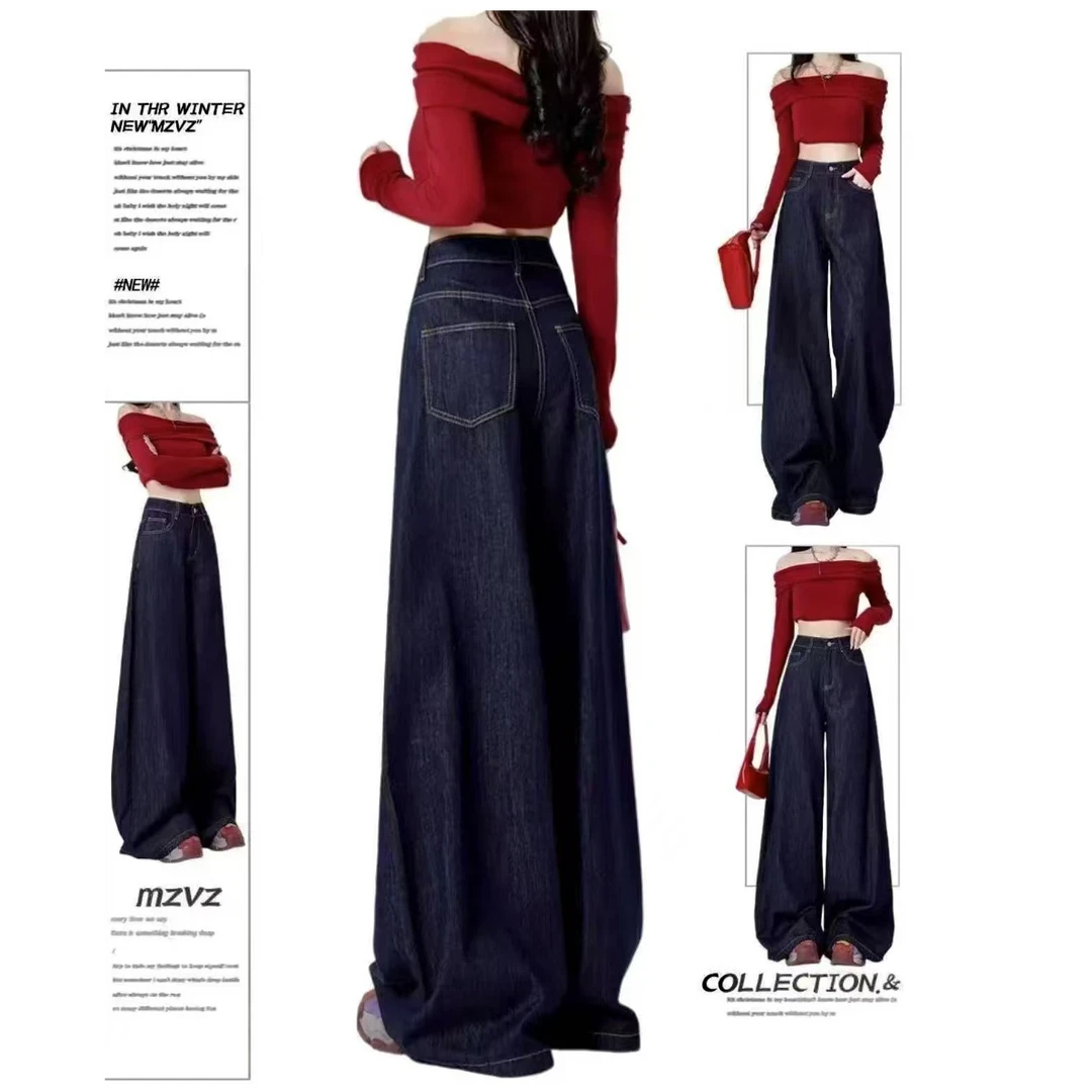 沃林春天-1丹青蓝色阔腿牛仔裤高腰宽松设计