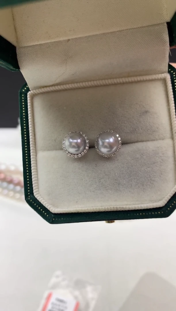 银S925镶嵌ff海水珍珠akoya灰珠耳饰7~8mm
