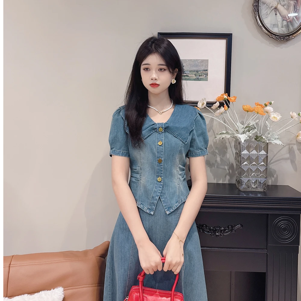 法式翻领牛仔小衫a字裙套装夏装新款气质两件套裙子SZ1906327