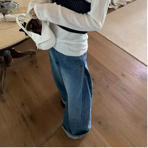 高端货~韩版宽松显瘦百搭高腰设计感牛仔裤女秋季新款折叠阔腿裤