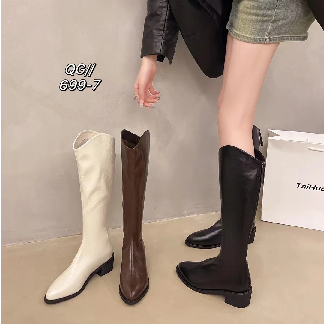 不过膝高筒切尔西靴2024冬季新款尖头英伦风粗跟骑士靴KX 699-7