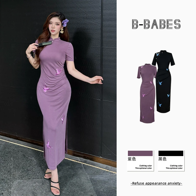 B-babes【蝶梦】大码新中式旗袍国风蝴蝶刺绣修身气质开叉连衣裙