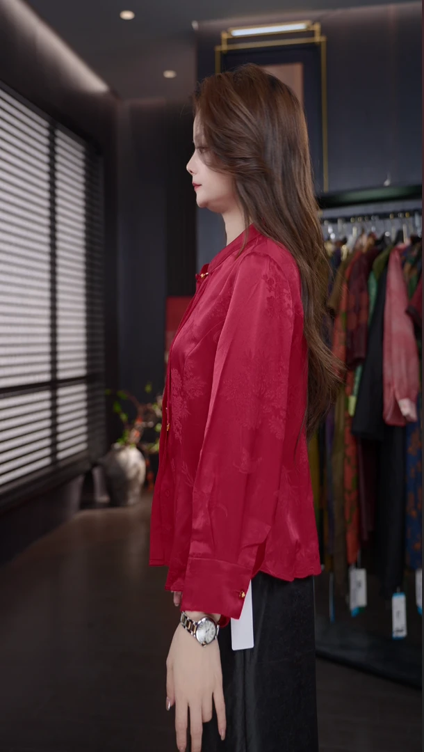 霓裳阁100桑蚕丝 新年战袍提花衬衣红色（X2010-1)