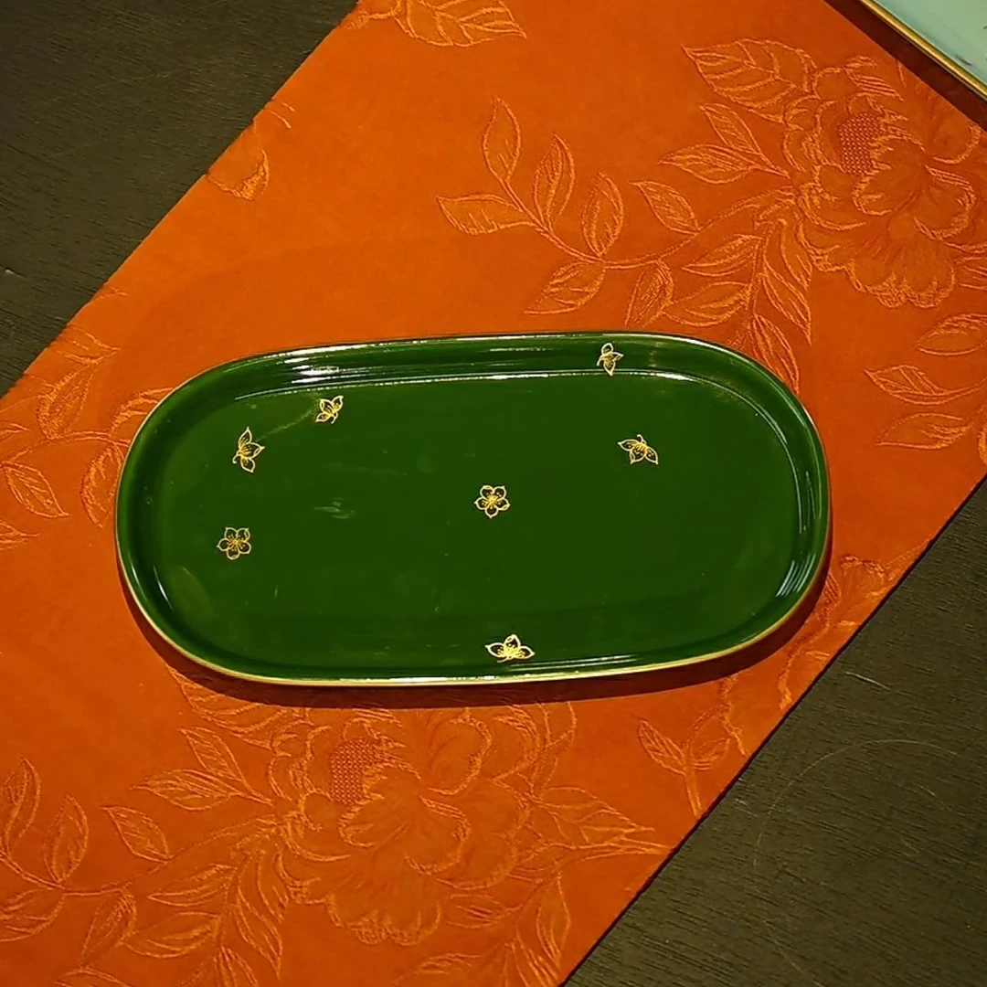 【知艺山房】  异形壶承石绿描金桃花壶承茶道零配（华隐S1139）