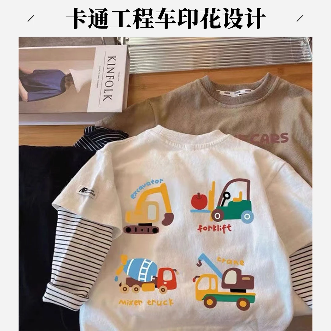 儿童韩版长袖T恤24秋男女童卡通工程车印花假两件上衣宝宝打底衫