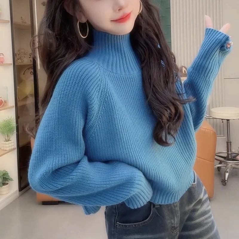 半高领打底针织毛衣女2025年秋冬新款大码慵懒风百搭显瘦短款上衣