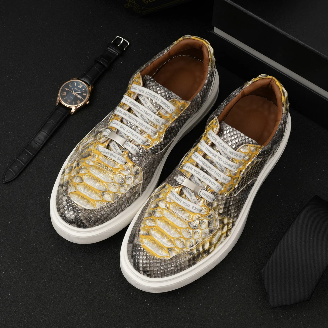 断码蟒蛇皮男鞋新黄金色休闲鞋板鞋男士底真皮鞋男款运动男皮鞋潮