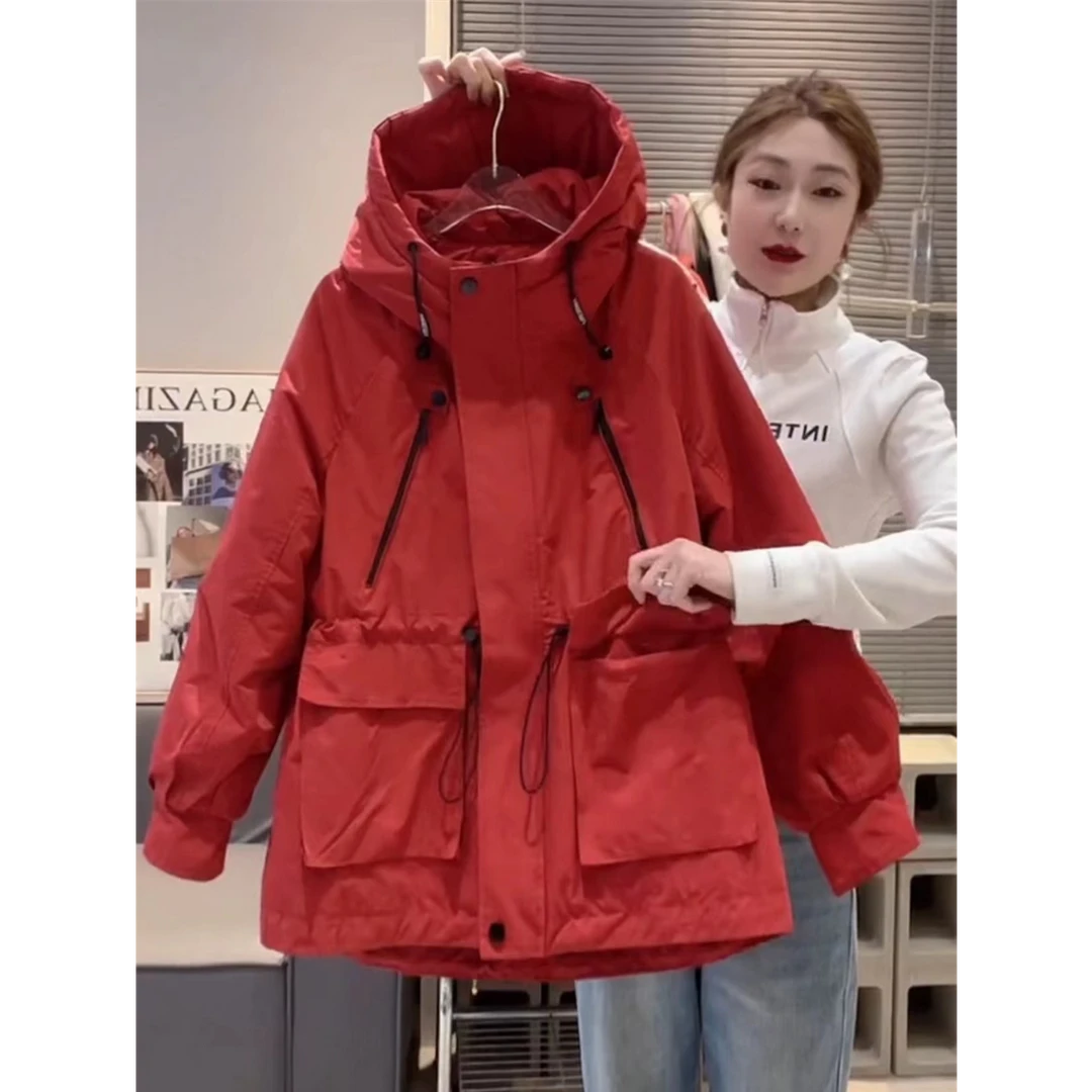 连帽冲锋衣外套女2025秋冬新款收腰显瘦休闲百搭加棉加厚夹克上衣