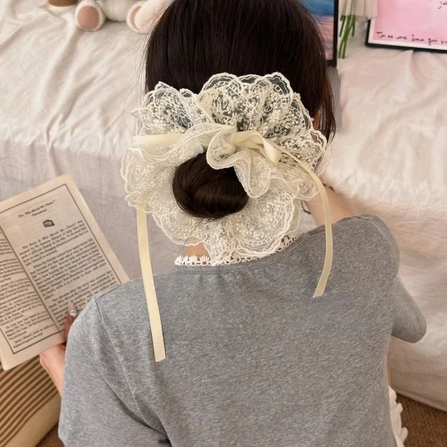 可抽拉可调节！新款刺绣蕾丝发圈设计！丝带四层蕾丝芭蕾少女感发圈