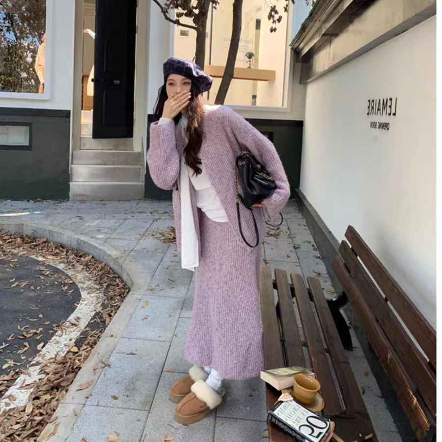 雪花紫针织开衫鱼尾裙套装  010