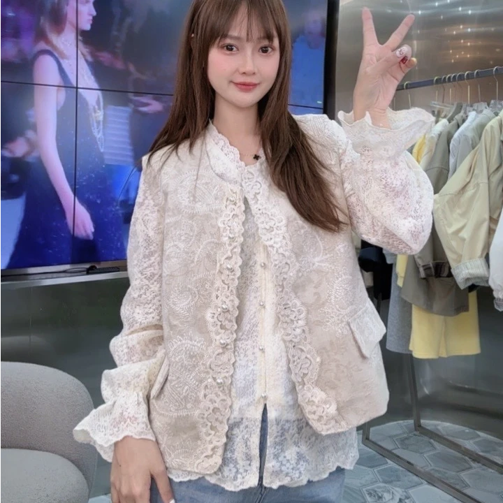 【小沫沫专属】港风复古蕾丝刺绣珍珠马甲外套女装镂空钩花蕾丝衫