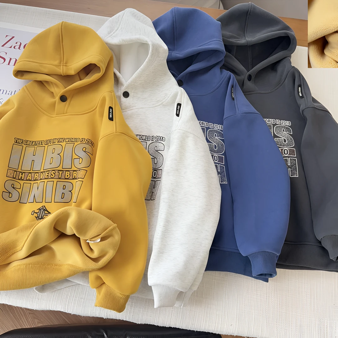 儿童连帽卫衣加绒保暖中大童时尚字母印花男童上衣打底衫长袖休闲