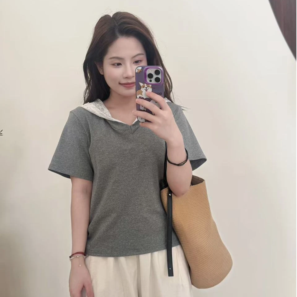 小众设计师甜酷风显瘦蕾丝帽V领短袖T恤打底衫夏款