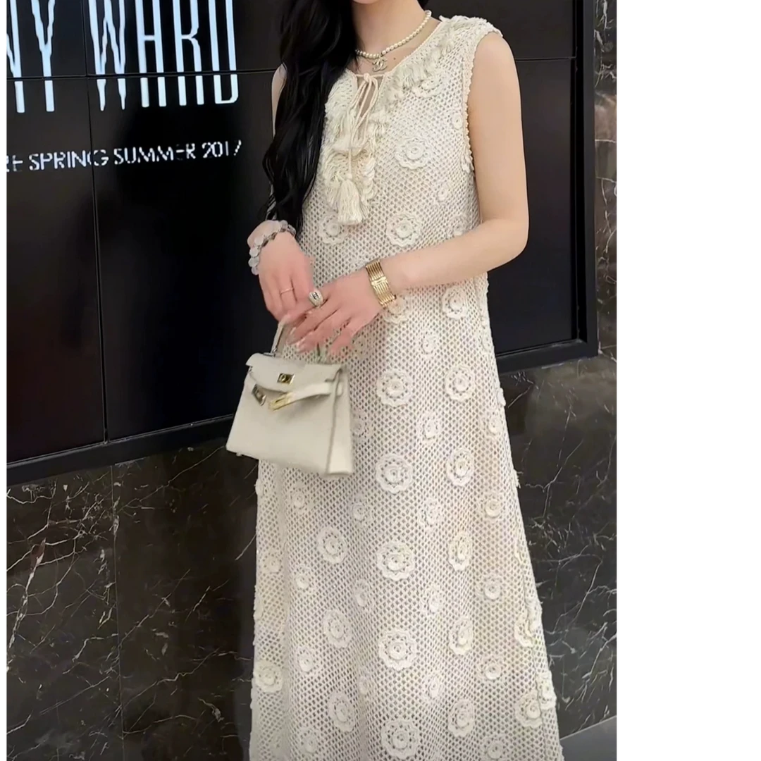 6070杏色气质高级感提花镂空无袖连衣裙