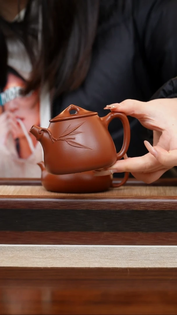 朱泥贴竹高瓢160cc宜兴手工紫砂壶