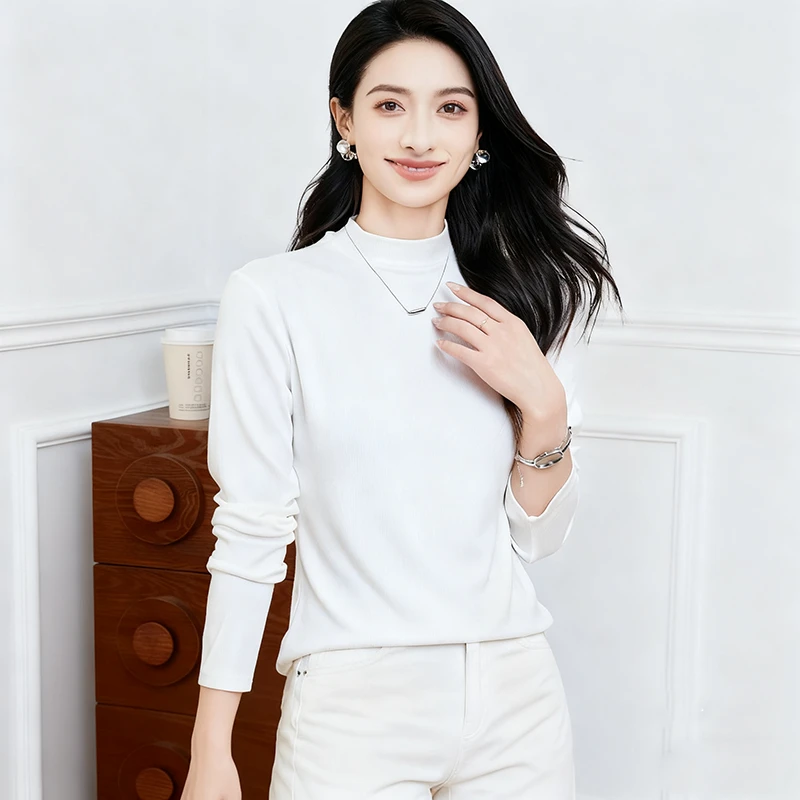 2025年洋气纯色百搭气质显瘦修身立领外穿打底长袖半高领上衣ins