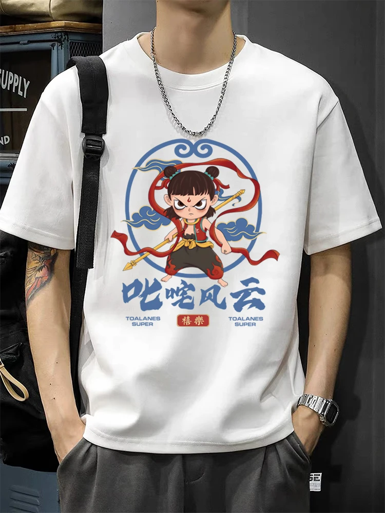 叱咤风云哪吒印花夏季新款重磅纯棉短袖t恤男女情侣圆领宽松百搭