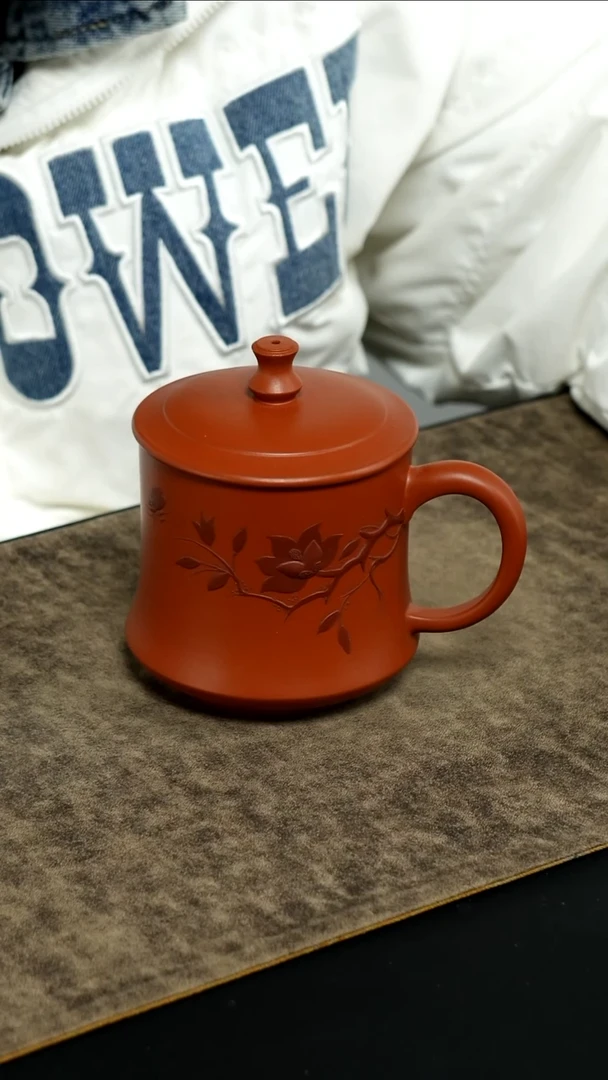 【闪购商品】紫砂茶杯朱泥 紫泥泥绘莲花盖杯