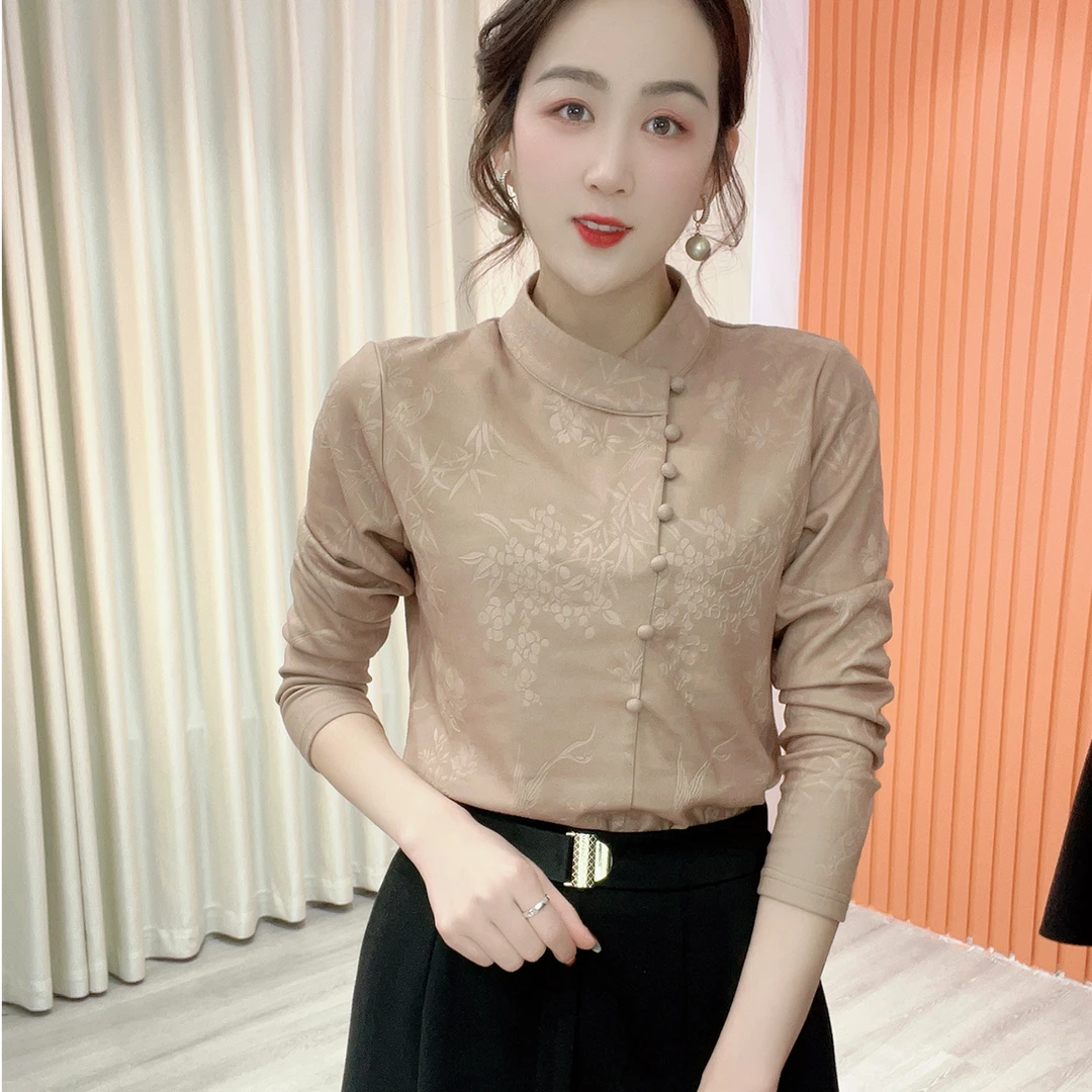 2025冬季新款立领印花气质百搭时尚长袖减龄加绒打底衫上衣女278