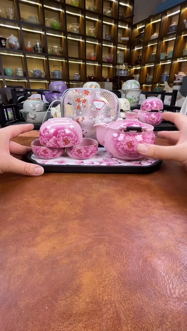 瓷片新款粉色牡丹宝瓶+长方粉色花朵盘