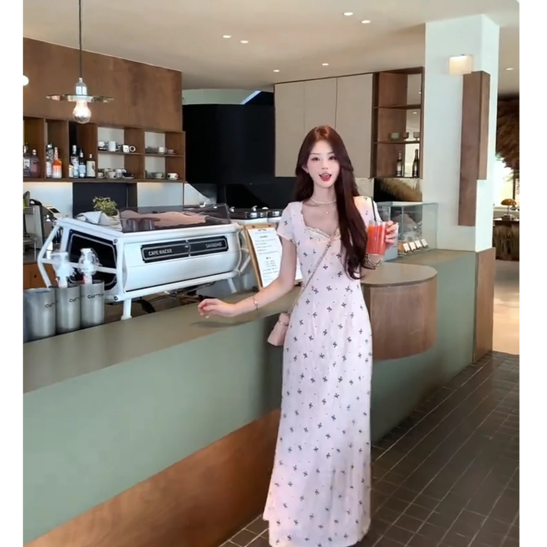 parkyeon法式复古V领连衣裙女夏季收腰设计感桔梗裙甜美长裙