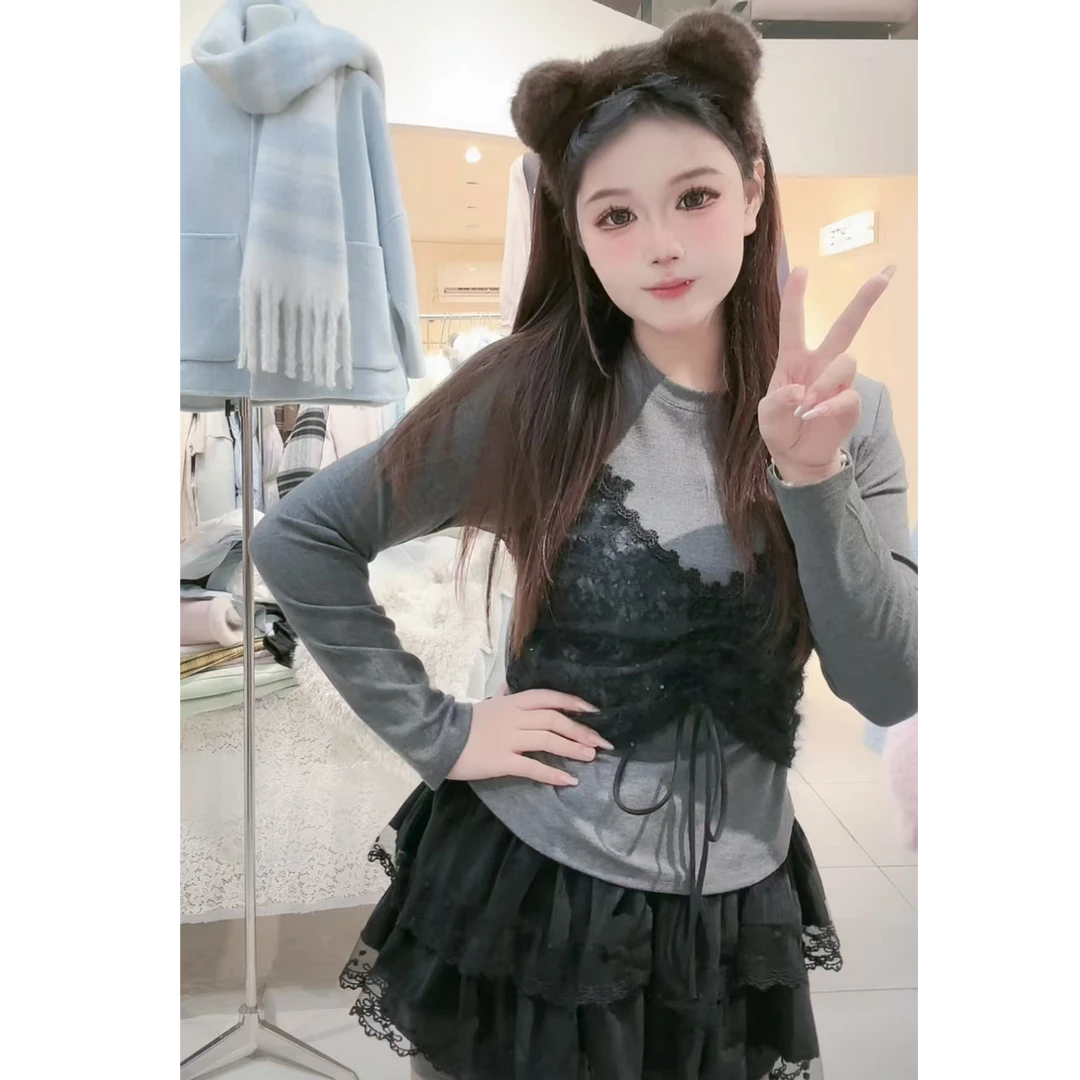 青青大码女装 春秋性感打底衫百搭蕾丝假两件打底C1983灰色