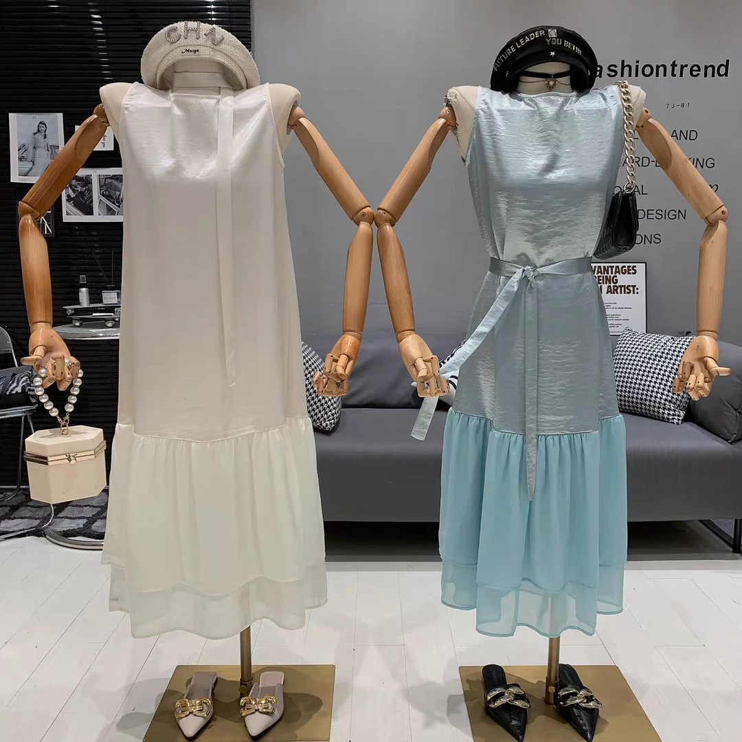 无袖吊带中长裙高腰夏季连衣裙公主吊带裙露肩长裙长款