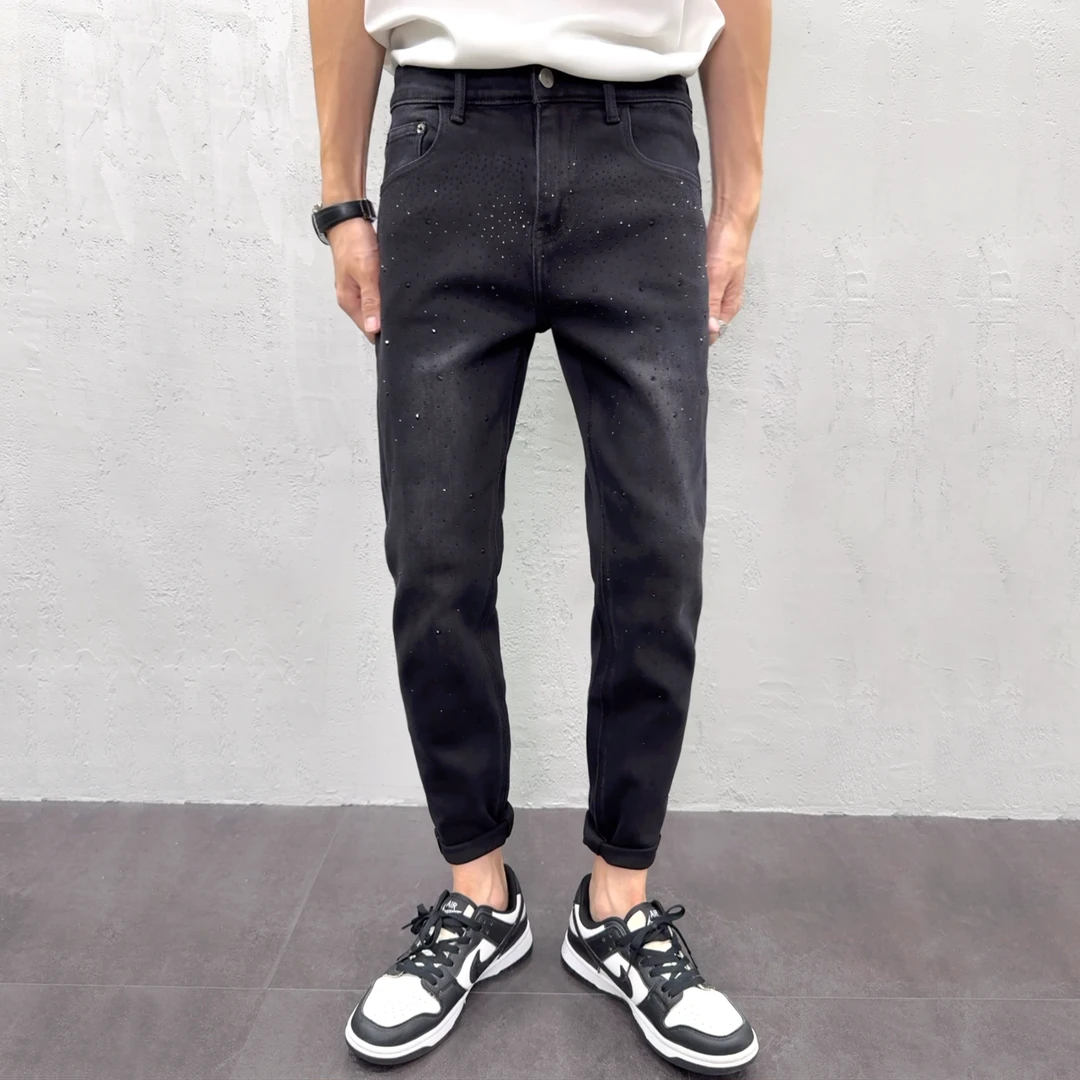 秋冬男款小脚九分牛仔裤爆款2025新款黑色烫钻休闲男士修身牛仔裤