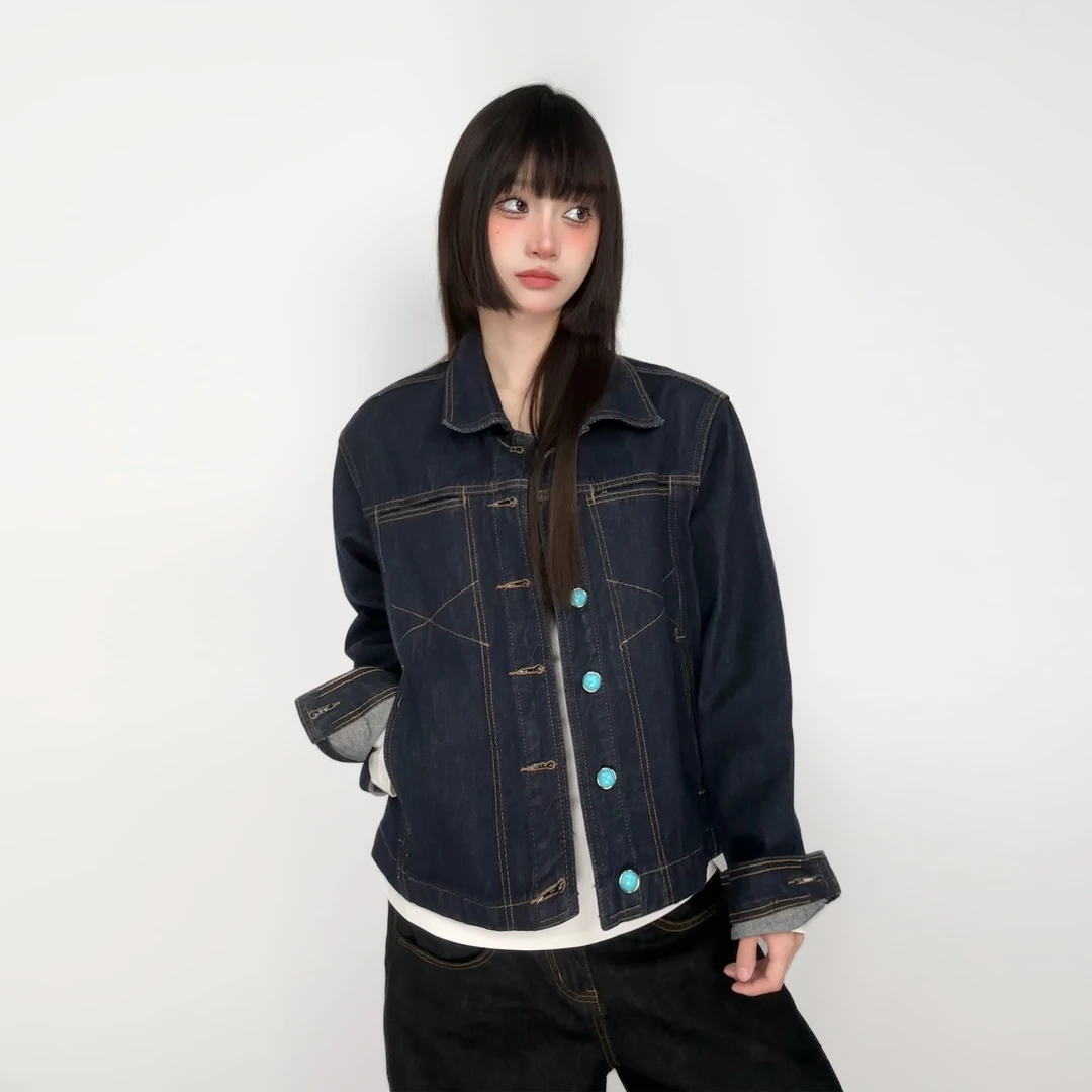 JADE QILIN美式牛仔原牛定制仿绿松石牛仔夹克正肩短宽夹克外套