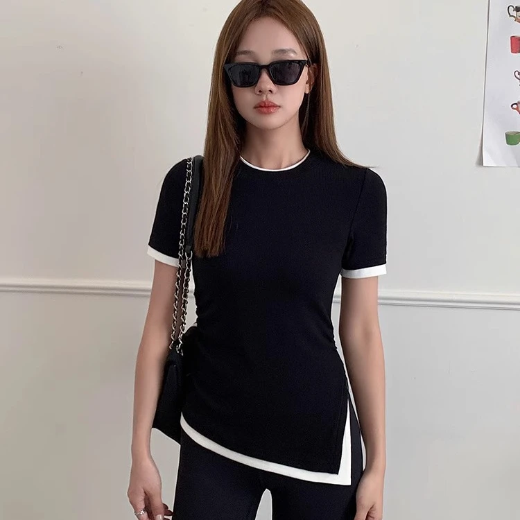 浪莎2025夏季新款洋气短款短袖t恤女撞色设计感开叉上衣修身显瘦