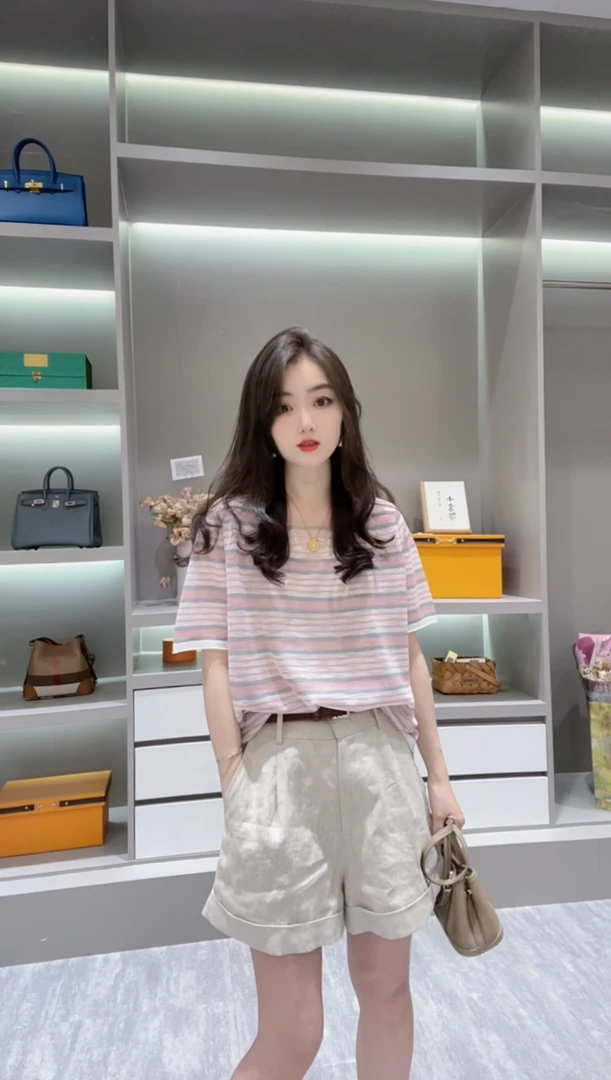 【鸡心领设计条纹】CHUN家夏款针织T恤