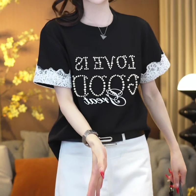 【幸运石】2025年早春多色珍珠大版宽松短袖T恤上衣LK2501328