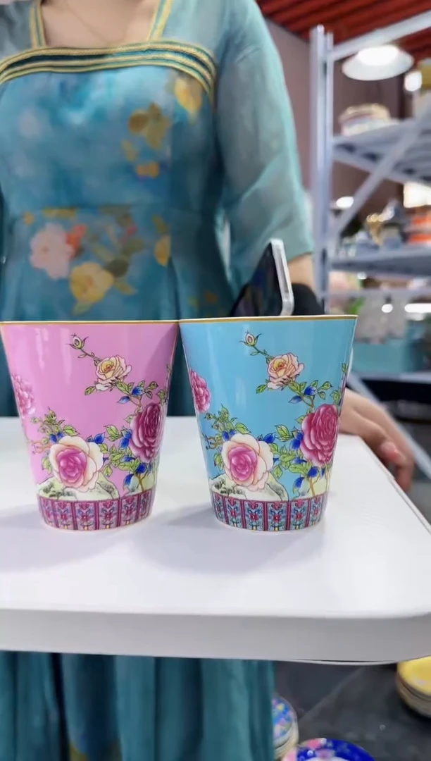 珐琅 牡丹花卉杯子2只装景德镇陶瓷