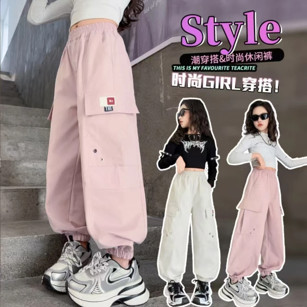 女童工装裤新款裤子长裤宽松时尚直筒女孩女童休闲裤夏季夏季薄款