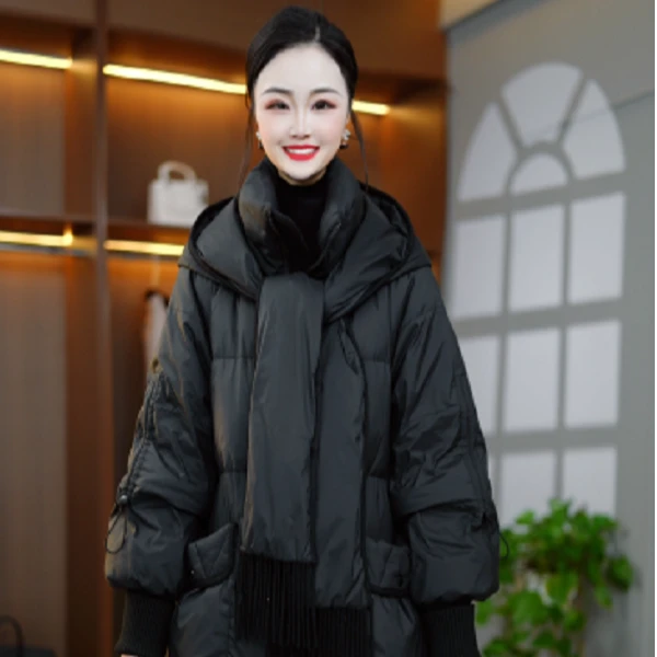 冬季设计感围巾连帽优雅百搭白鸭绒羽绒服M-XL