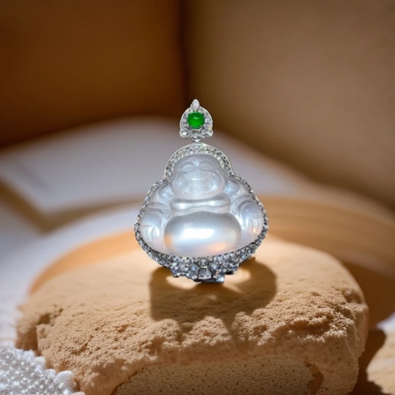 新品银s925镶嵌石英质玉开盖佛公吊坠